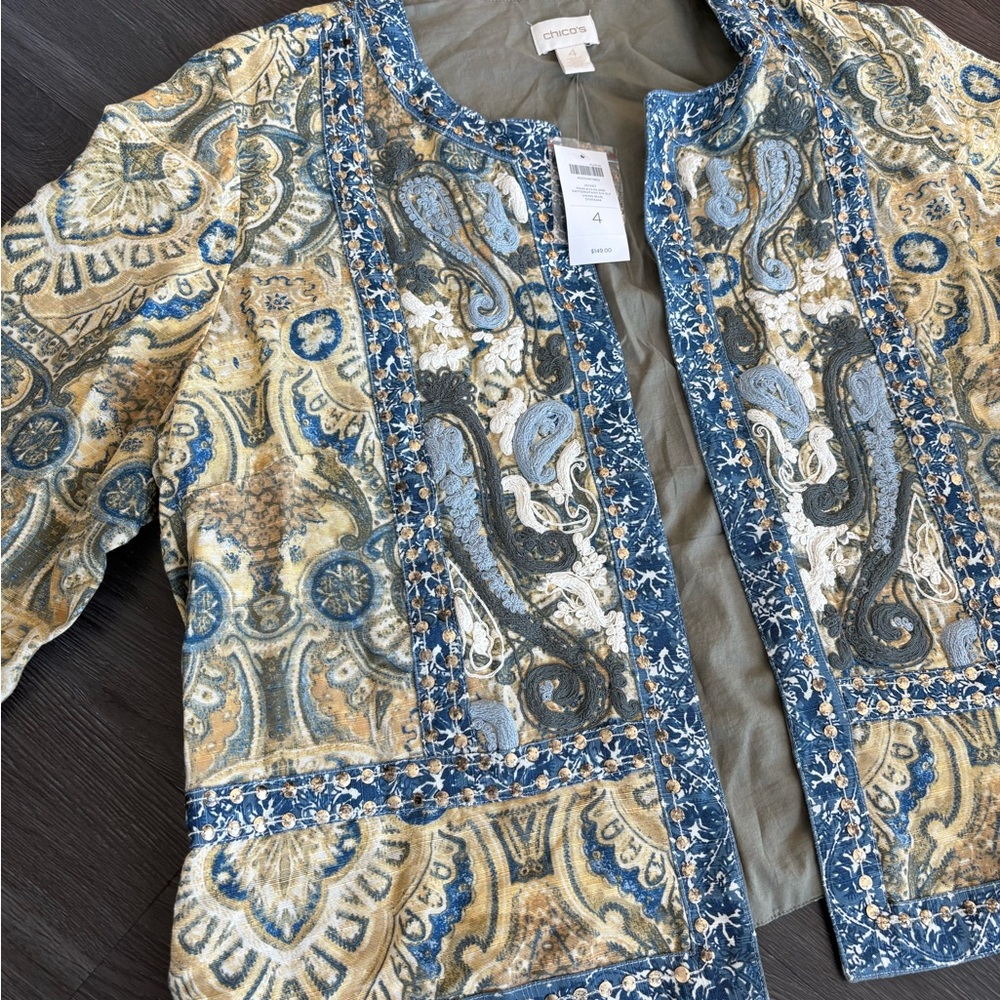 CHICO’S Embroidered Paisley Boxy pawleys island Jacket - Blue & Tan NWT 20/22